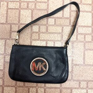 Michael Kors Black Leather Wristlet with Gold Logo